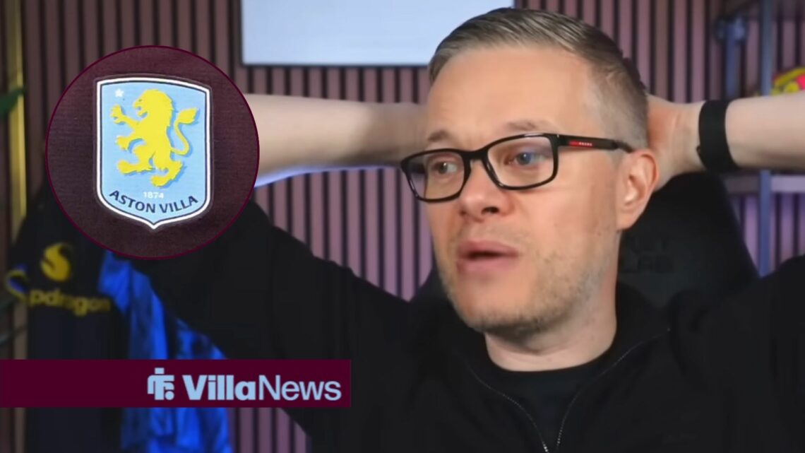 Mark Goldbridge with his hands on his head looking towards the Aston Villa badge in a circle inset