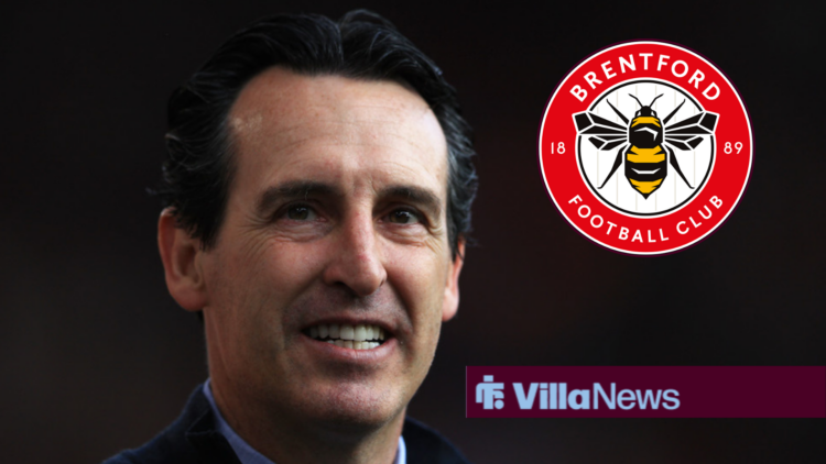 Aston Villa manager Unai Emery, Brentford badge in a circular insert.