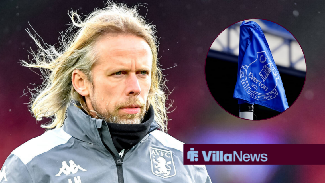 Austin MacPhee in an Aston Villa coat looking towards an Everton flag in a circle inset