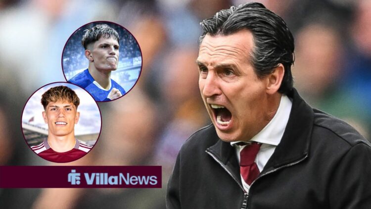 Unai Emery raging looking towards circle insets of Alejandro Garnacho in an Aston Villa and a Chelsea shirt