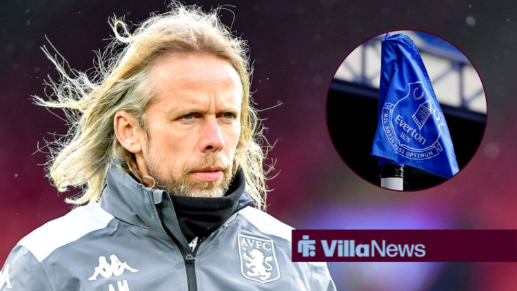 Austin MacPhee in an Aston Villa coat looking towards an Everton flag in a circle inset