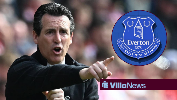 Unai Emery shouting and pointing towards an Everton badge in a circle inset