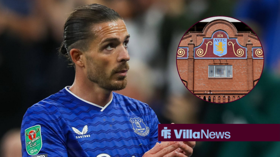 Jack Grealish clapping while playing for Everton looking towards Villa Park in a circle inset