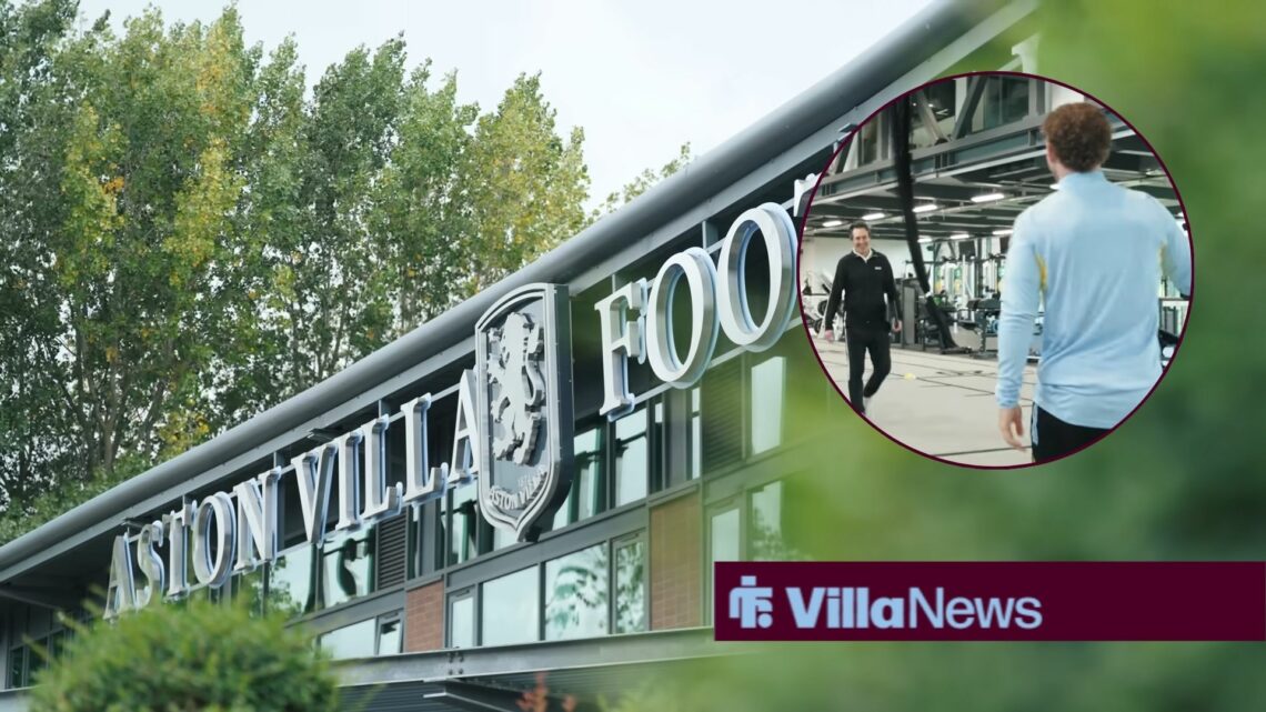 Aston Villa training ground Bodymoor Heath alongside a circle inset of Unai Emery and Harvey Elliott inside Bodymoor Heath