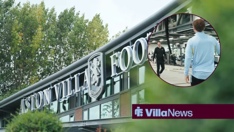 Aston Villa training ground Bodymoor Heath alongside a circle inset of Unai Emery and Harvey Elliott inside Bodymoor Heath