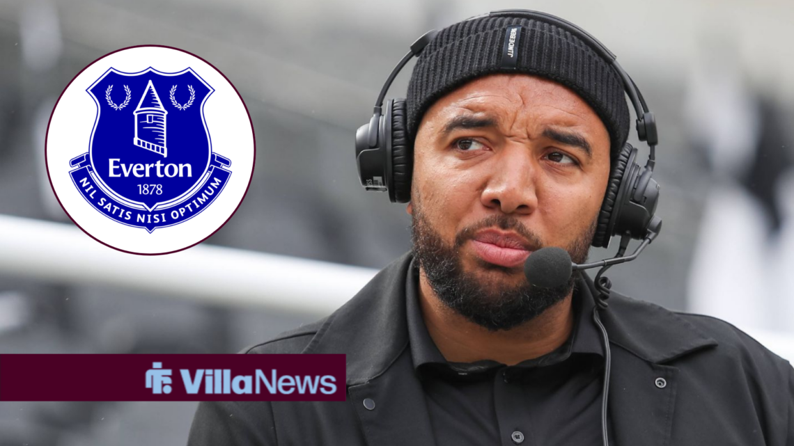 Troy Deeney in commentary looking towards an Everton badge in a circle inset