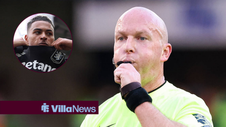 Referee Simon Hooper blowing his whistle looking towards Morgan Rogers in a circle inset