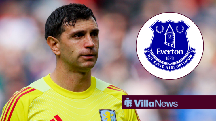 Emi Martinez looking towards the Everton badge in a circle inset