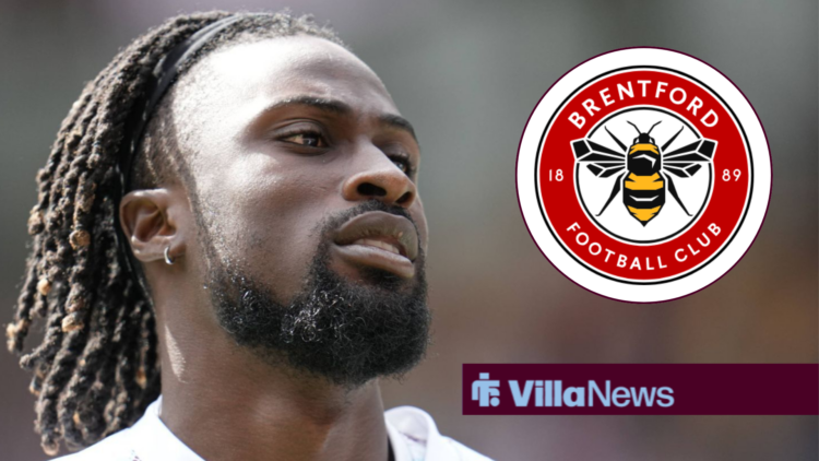 Evann Guessand looking annoyed towards a circle inset of a Brentford badge