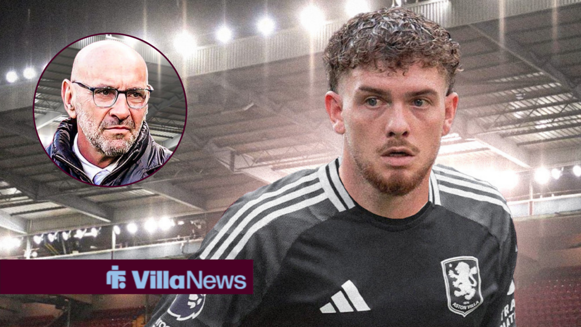 Harvey Elliott in an Aston Villa away shirt looking towards a frustrated Monchi in a circle inset