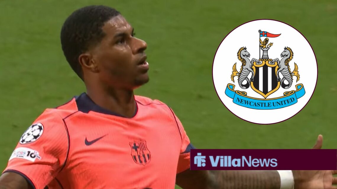 Marcus Rashford celebrating for Barcelona looking towards a Newcastle United badge in a circle inset