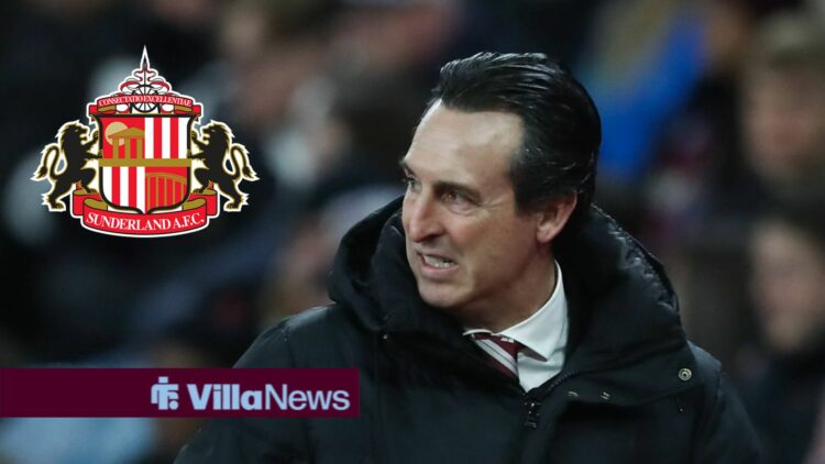 Aston Villa manager Unai Emery looking towards the Sunderland badge.