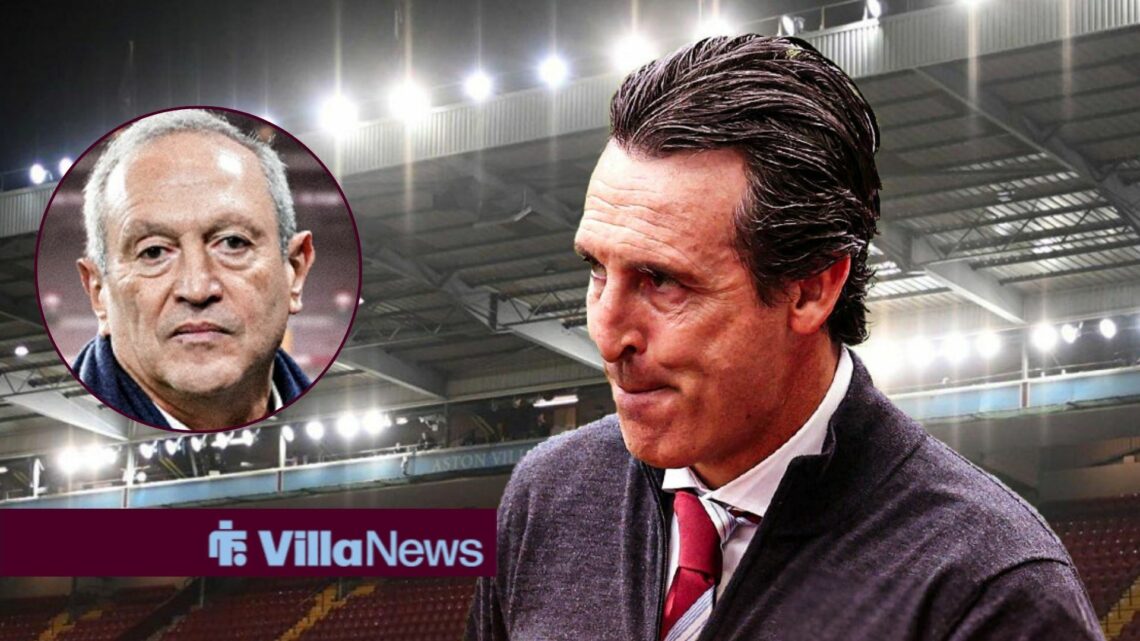Aston Villa manager Unai Emery with owner Nassef Sawiris inset