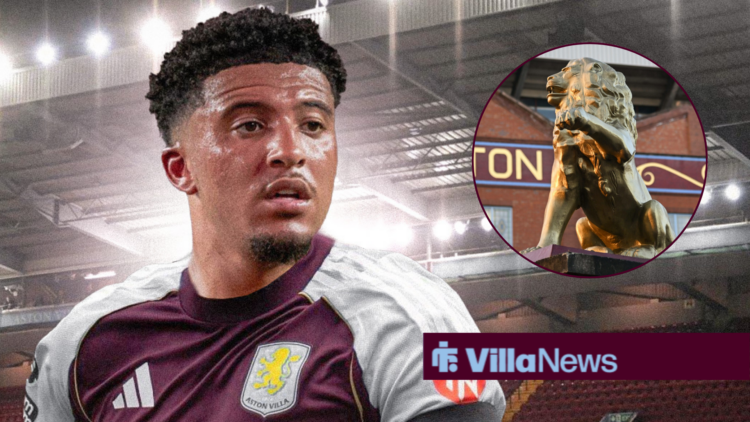 Jadon Sancho looking towards a Villa Park lion in a circle inset