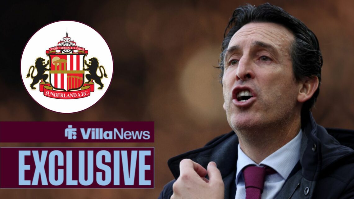 Aston Villa manager Unai Emery looks towards a Sunderland badge in a circular insert.