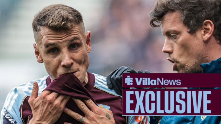 Lucas Digne holding an Aston Villa shirt up to his mouth