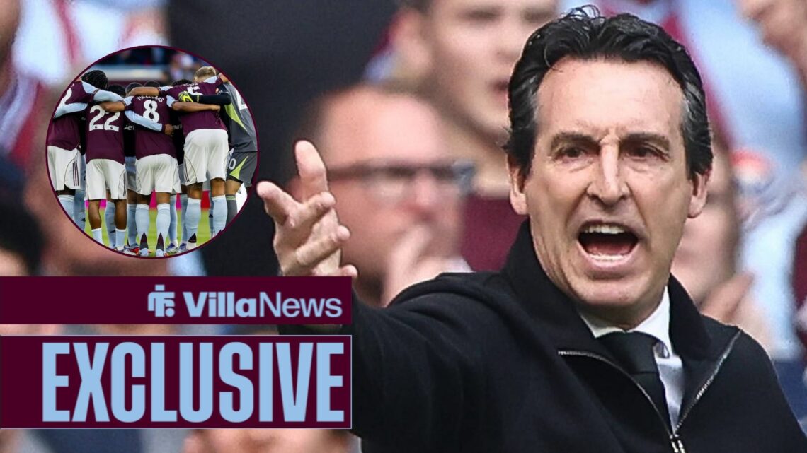 Unai Emery looking angry pointing towards a circle inset of the Aston Villa squad in a huddle