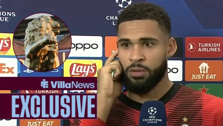 Ruben Loftus-Cheek looking towards a lion outside Villa Park in a circle inset