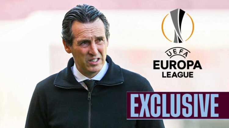 Unai Emery looking concerned and the Europa League logo