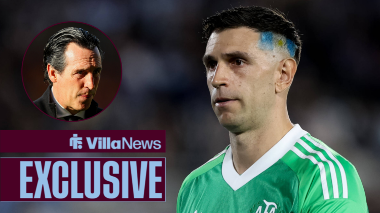 Emi Martinez playing for Argentina looking concerned towards Unai Emery looking frustrated in a circle inset