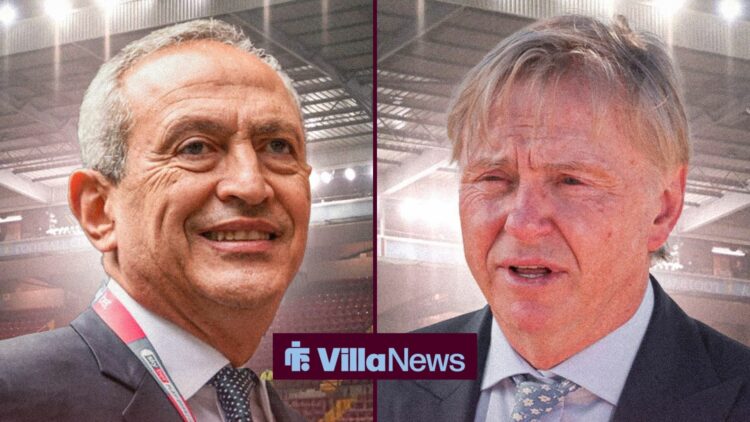 Nassef Sawiris and Wes Edens looking towards each other at Villa Park