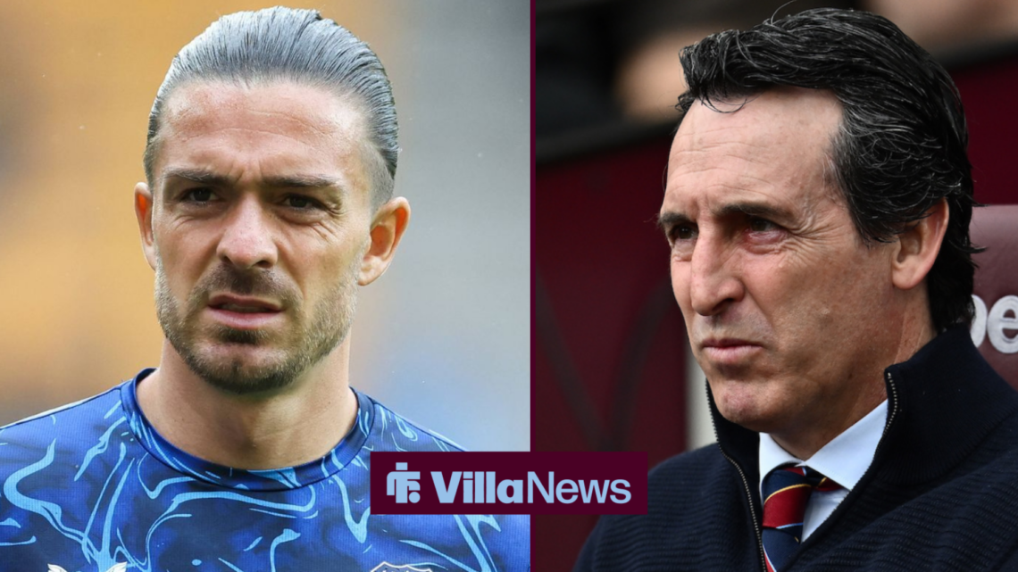 Jack Grealish in Everton training gear, Aston Villa manager Unai Emery looks at him
