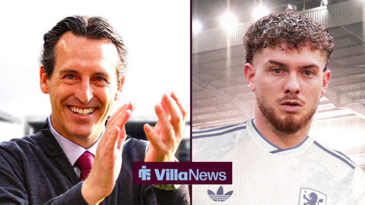 Aston Villa manager Unai Emery applauding, Harvey Elliott in an Aston Villa kit.