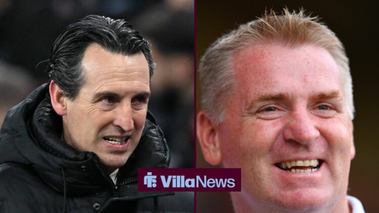 Aston Villa manager Unai Emery looking at Dean Smith
