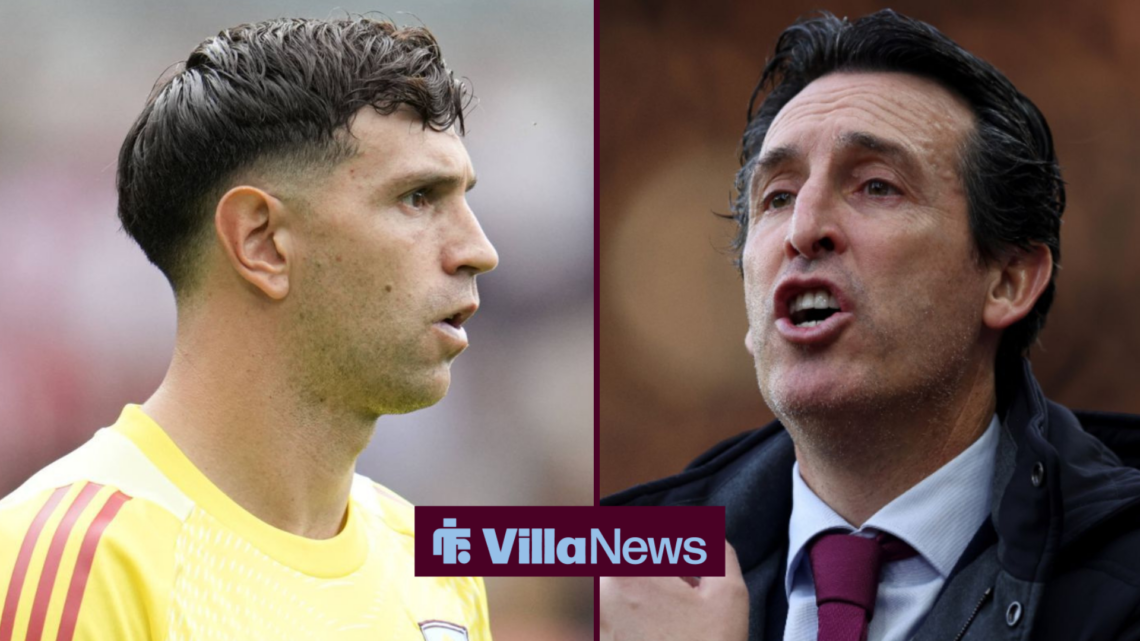 Emi Martinez in action for Aston Villa, Unai Emery shouting instructions