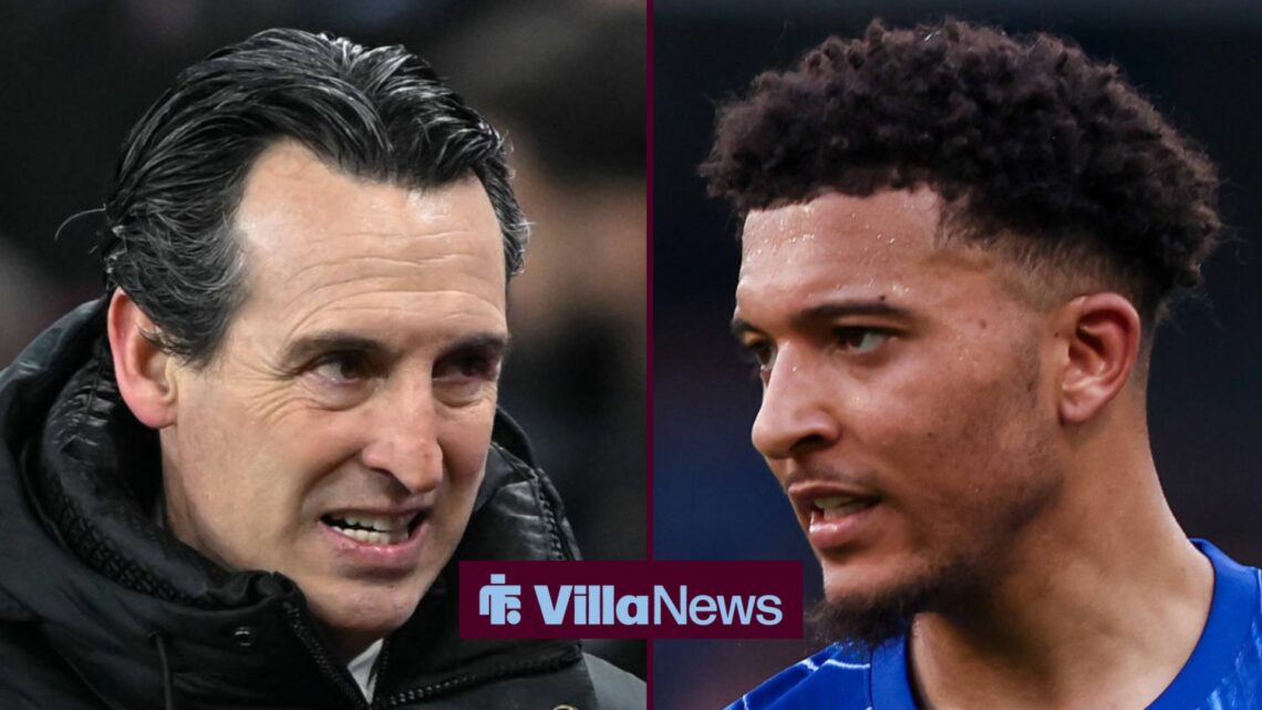 Aston Villa manager Unai Emery looking at new signing Jadon Sancho.