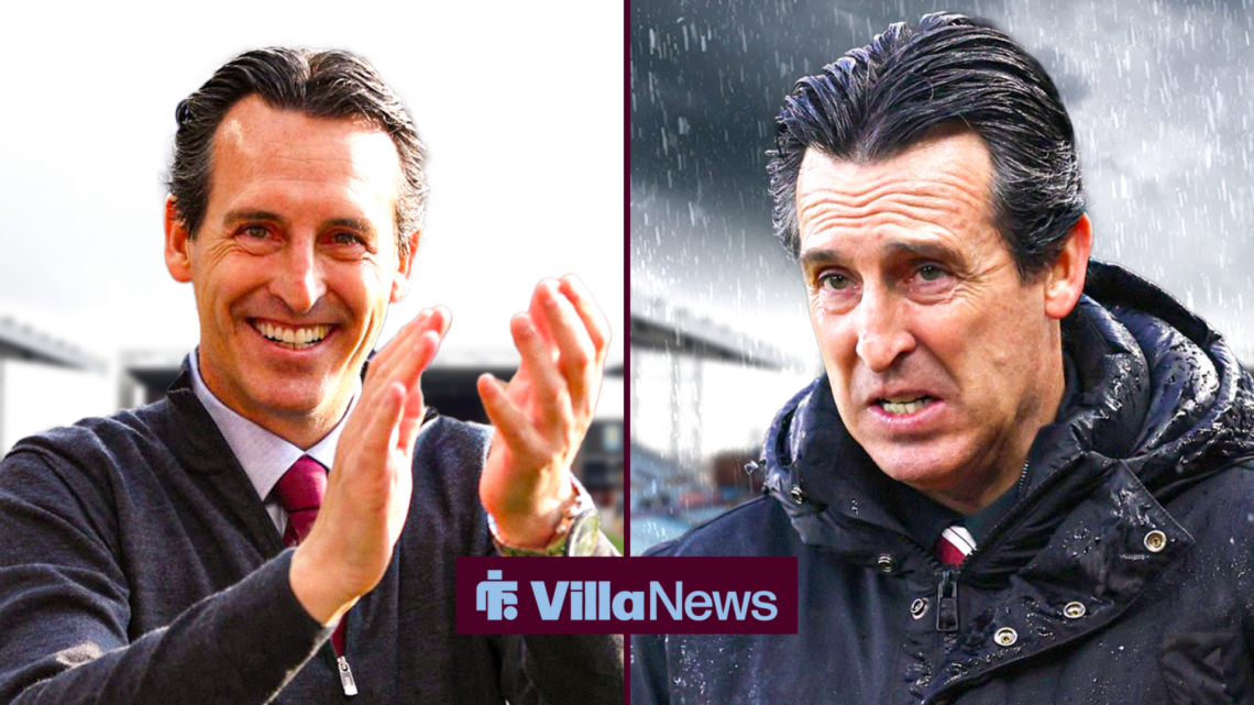 Unai Emery smiling and clapping alongside Unai Emery looking sad in the rain