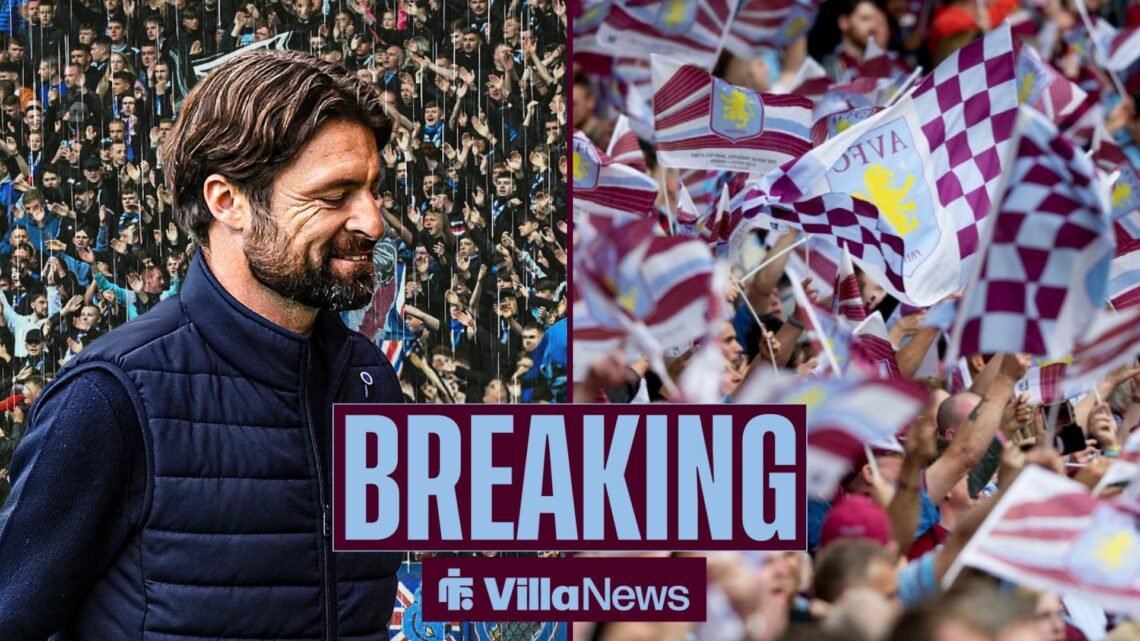 50:50 image with Rangers manager Russell Martin looking down on the left. To the right are Aston Villa fans waving flags with the club's badge on.