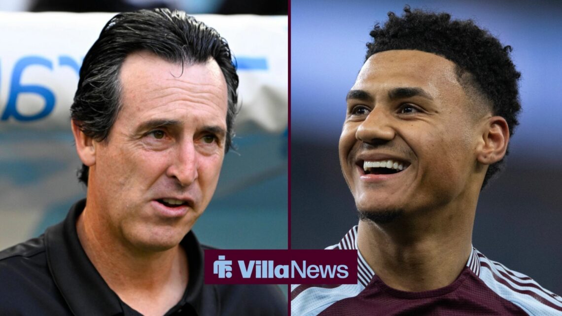 Aston Villa striker Ollie Watkins smiles at his manager, Unai Emery.