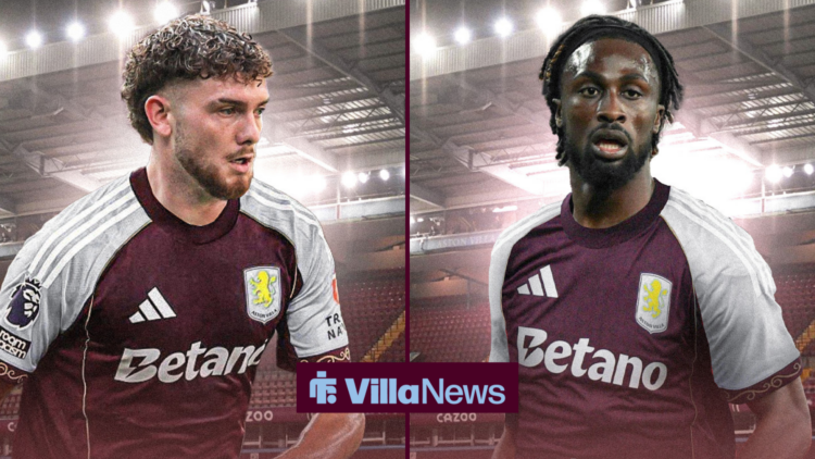 Harvey Elliott and Evann Guessand both wearing the 2025/26 Aston Vill