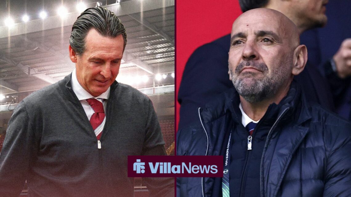Unai Emery and Monchi looking frustrated towards each other at Villa Park