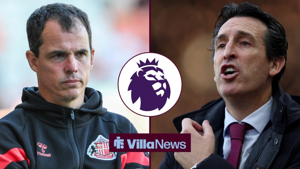 Regis Le Bris and Unai Emery looking towards each other with a circle inset of the Premier League in between