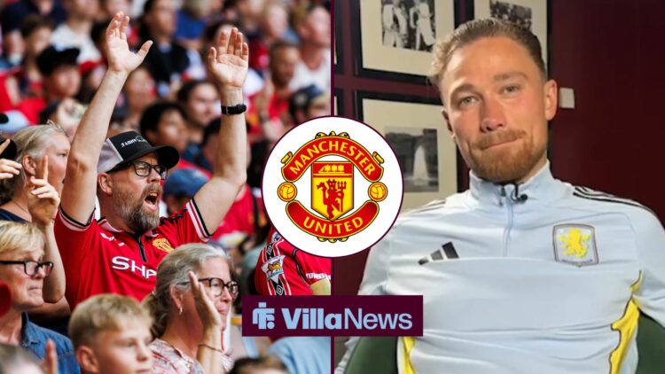 Manchester United looking towards Matty Cash smiling with a Manchester United badge in a circle inset in between them