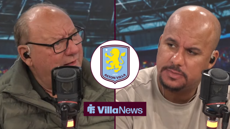 Alan Brazil and Gabby Agbonlahor talking on talkSPORT looking towards an Aston Villa badge in circle inset