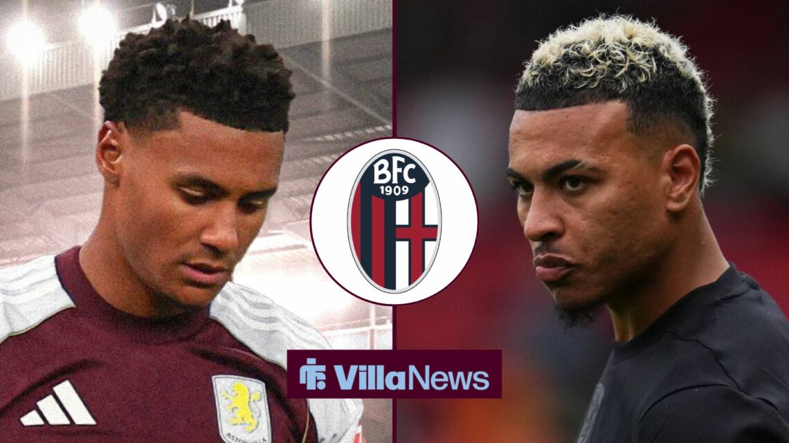Ollie Watkins and Morgan Rogers looking annoyed towards a circle inset of a Bologna badge
