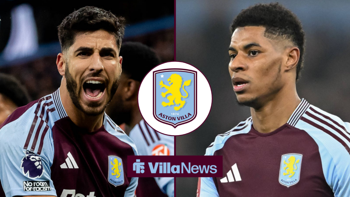 Marco Asensio celebrating alongside Marcus Rashford looking towards a circle inset of an Aston Villa badge