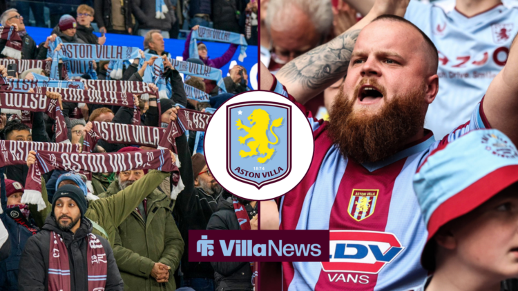 Aston Villa fans holding up scarfs at Villa Park alongside to a fan singing with an Aston Villa badge in a circle inset