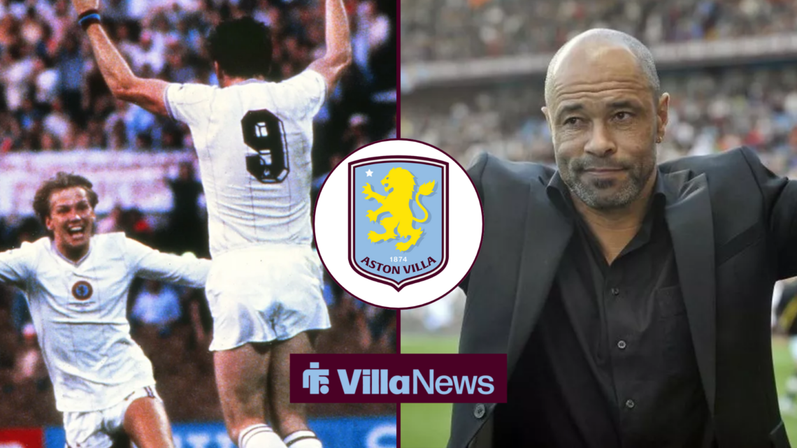 Gary Shaw and Peter Withe celebrating next to Paul McGrath at Villa Park