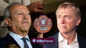 Nassef Sawiris and Wes Edens looking towards a circle inset of Villa Park