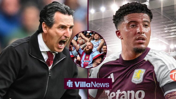 Aston Villa manager Unai Emery shouting at Jadon Sancho with a circular insert of Villa fans in the middle.