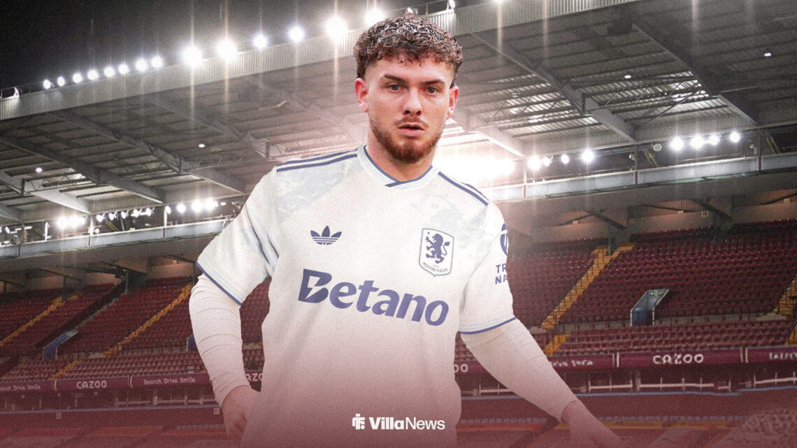 Harvey Elliott wearing an Aston Villa third shirt at Villa Park