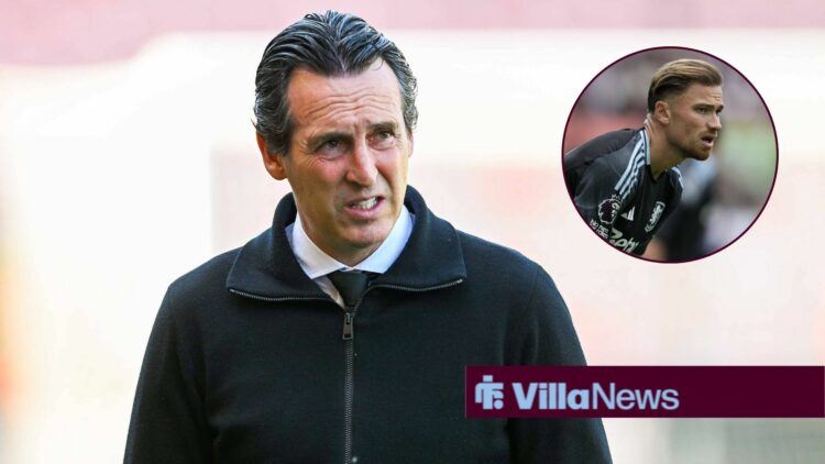 Aston Villa manager Unai Emery with a circular inset of Matty Cash