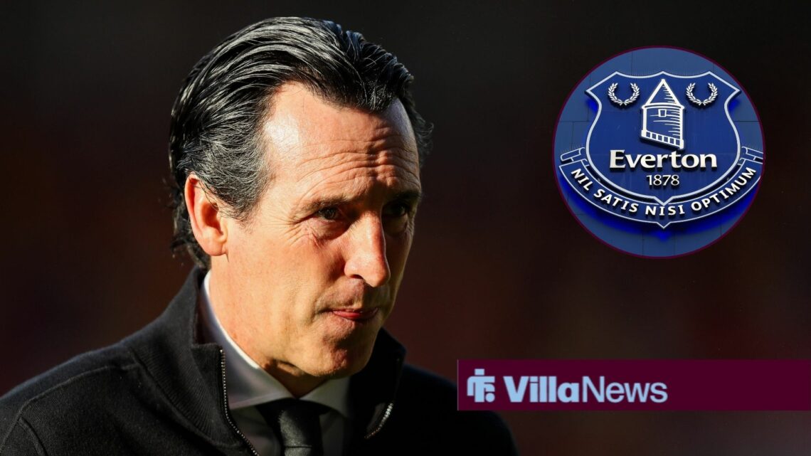 Aston Villa manager Unai Emery with Everton badge inset