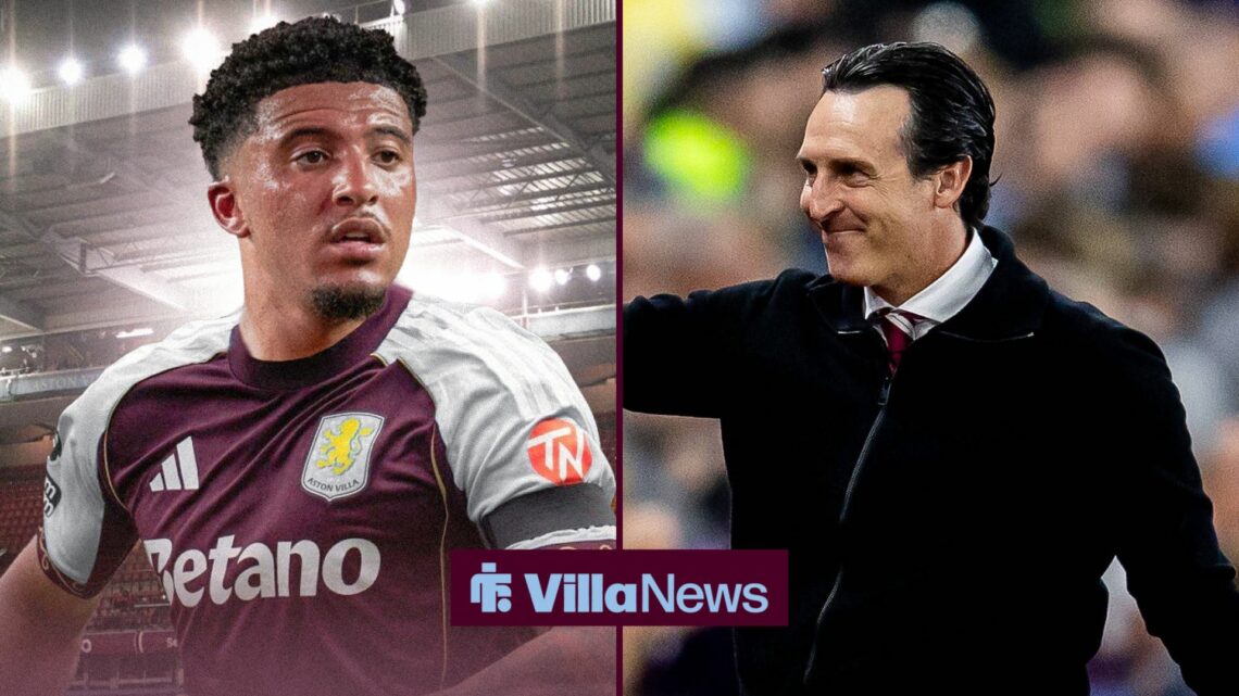 An image of Jadon Sancho in an Aston Villa kit, next to an image of Unai Emery acting pleased