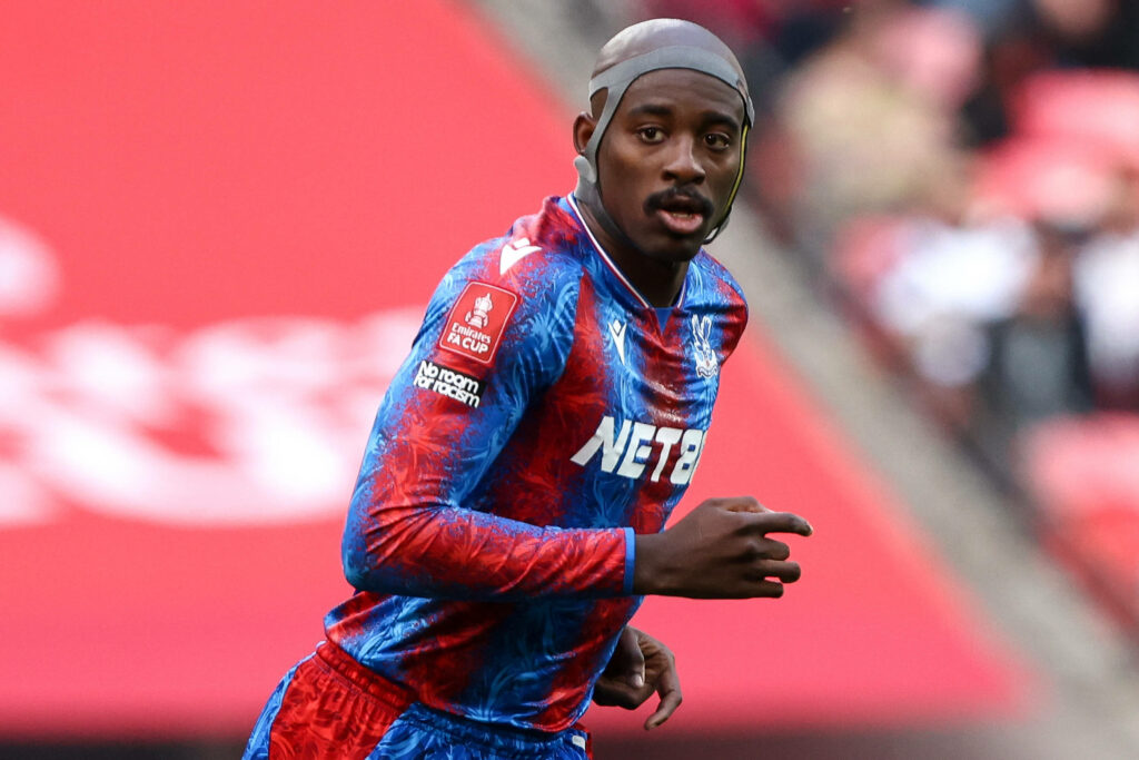 Jean-Philippe Mateta playing for Crystal Palace against Aston Villa at Wembley
