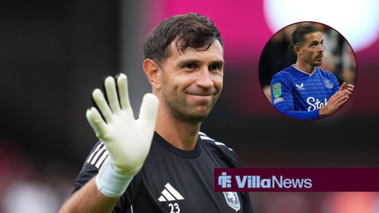 Emiliano Martinez waving with Jack Grealish in right circular inset